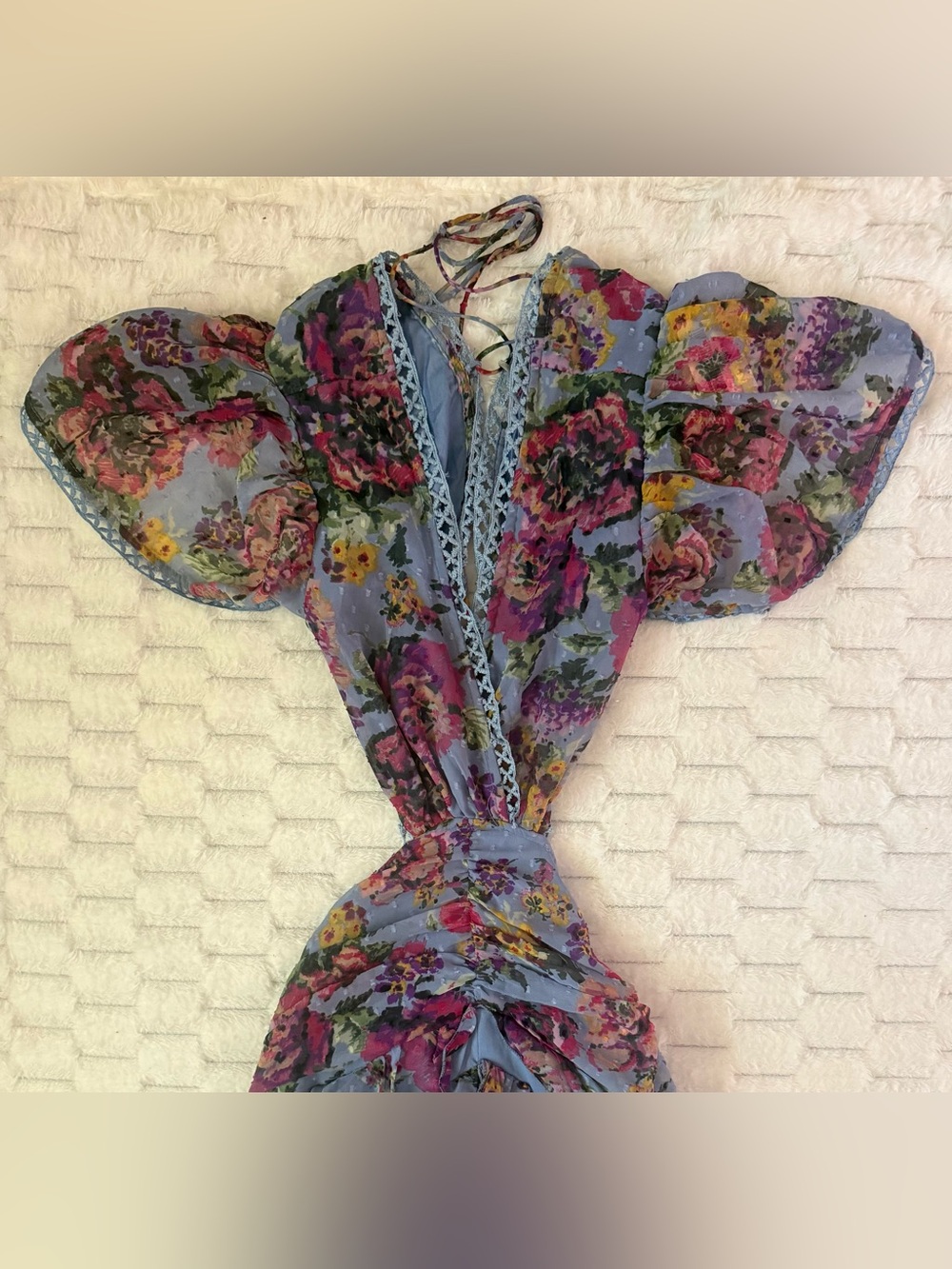 Boohoo Floral Dobby Cut Out Ruffle Maxi Dress Blue Boho Size 6 - Picture 6 of 10